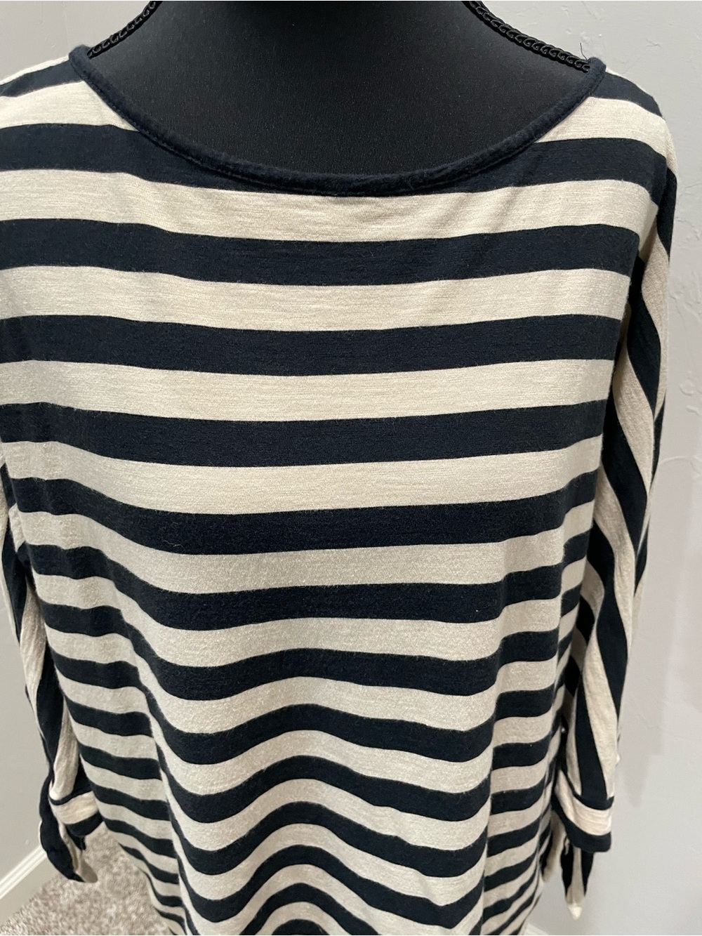 Chaps Black and Cream Striped Boatneck 3/4 Sleeve Top - Picture 2 of 8